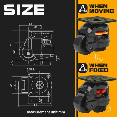 Diagram and side view of Beefy Heavy Duty Leveling Casters Set Of 4 With 110 Lb Per Wheel Capacity showing dimensions and wheel states.