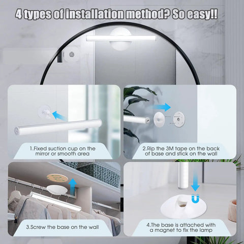 Installation methods for Portable Rechargeable LED Vanity Lights With Touch Control And Three Brightness Levels, USB Powered.