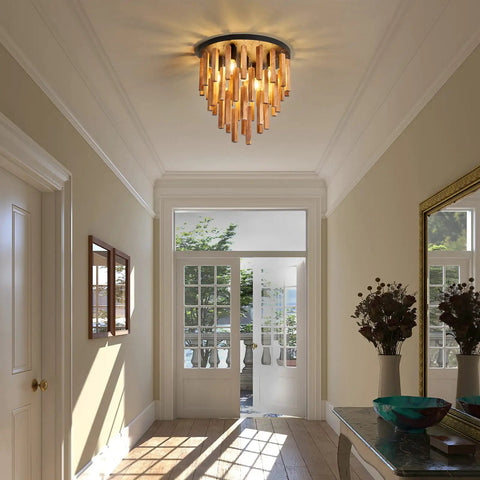 5 Light Rustic Oak And Black Semi Flush Mount Ceiling Fixture With E26 Base in dining room