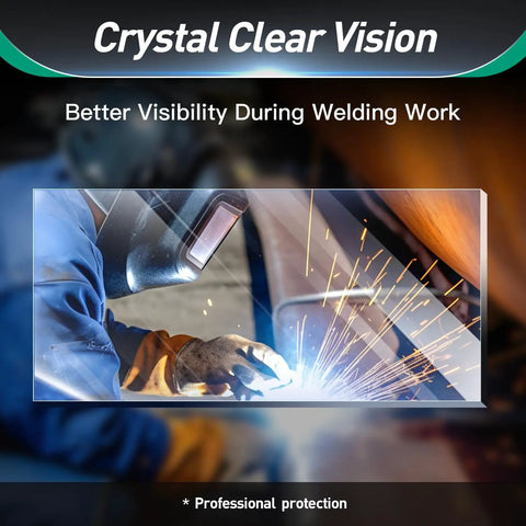 Welder using helmet with Ten Pack Front Cover Replacement Lenses For Welding Helmets Model 770237 Polycarbonate Safety Lenses