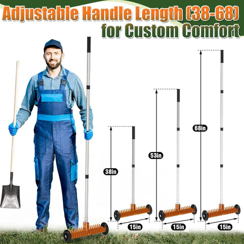Roller Thatch Rake For Lawn With 15 Inch Dethatcher And Smooth Rolling Wheels No Fuss Easy Glide Adjustable Handle 38 to 68 Inch