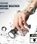 Hand holding Pocket Thrower GTA LED Flashlight That Hits Hard With Ultra Long Throw, 1919 ft Beam, waterproof, in water splash
