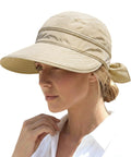 2-In-1 Women's Sun Visor Hat With Wide Brim Or Zip-Off Top, lightweight quick-dry material, worn by model with hair tied back