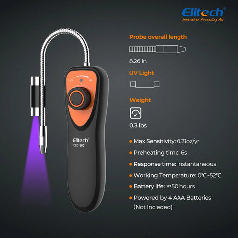 Elitech CLD-100 refrigerant leak detector for automotive HVAC; handheld unit with orange front panel and coiled metal probe