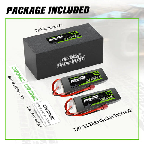 Package with 2S LiPo Battery 2200mAh 50C 7.4V With Soft Case And Dean T Connector, manual, stickers, and box