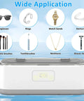 Deep Clean 49KHz Jewelry Cleaner Machine With 800ml Tank And 5 Timer Modes, showing applications for glasses, rings, watches.
