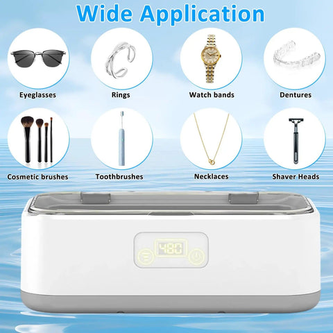 Deep Clean 49KHz Jewelry Cleaner Machine With 800ml Tank And 5 Timer Modes, showing applications for glasses, rings, watches.