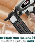 Top Shelf 18 Gauge Brad Nailer Pneumatic Nail Gun Complete Carpenter Kit showing adjustable depth and nail compatibility.