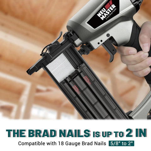 Top Shelf 18 Gauge Brad Nailer Pneumatic Nail Gun Complete Carpenter Kit showing adjustable depth and nail compatibility.
