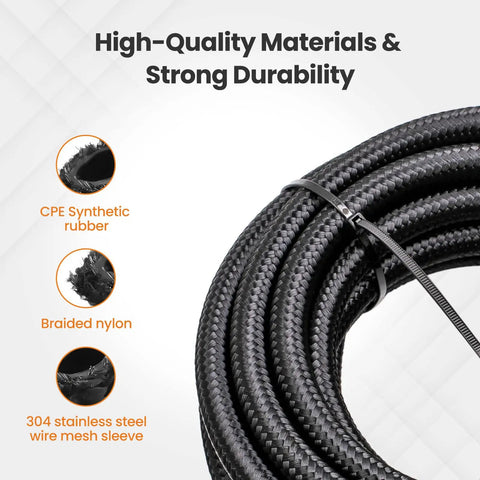 Beefed Up Universal 6AN Fuel Line Kit with nylon braided hose, showcasing CPE inner core and 304 stainless steel reinforcement.