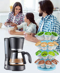 Family enjoying coffee next to Coffee Pod Holder Organizer For K-Cups, 36 Pod Capacity, Rotating 360 Degree Spin, Light Blue Finish.
