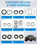 Beefed Up Axle Seal Kit With Outer Dust Seal Inner Tube Seal Needle Bearing Snap Ring And Thrust Washer For Ford Super Duty Excursion 1998-2004 Dana 50 60 Front Axle Replacement Direct Fit OE Style package contents displayed with part numbers.
