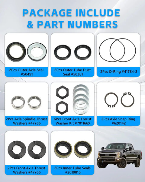 Beefed Up Axle Seal Kit With Outer Dust Seal Inner Tube Seal Needle Bearing Snap Ring And Thrust Washer For Ford Super Duty Excursion 1998-2004 Dana 50 60 Front Axle Replacement Direct Fit OE Style package contents displayed with part numbers.