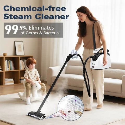 Waitbird 4.5 Bar Handheld Steam Cleaner Pro For Home Use High Pressure Hot Steam Wand sanitizing a living room carpet.