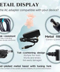 Universal 15V 2A Power Supply Charger Cable features and design details with durable cord, metal fittings, tail cushioning, and tuning fork.