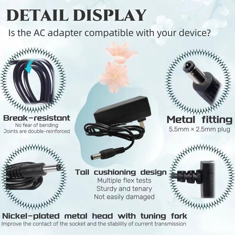 Universal 15V 2A Power Supply Charger Cable features and design details with durable cord, metal fittings, tail cushioning, and tuning fork.