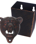 Rugged Cast Iron Bear Head Wall Mounted Bottle Opener With Antique Copper Screws And Built In Cap Catcher For Popping Cold Brews On Your Patio Or Man Cave.