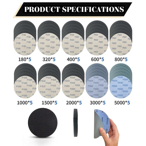 5 Inch Wet Dry Sanding Discs Set With Hook And Loop Foam Backing Pad 51 Pieces Waterproof Silicon Carbide For Random Orbital