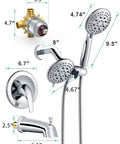 Brushed Gold 3 Way Shower Faucet Set With Handheld Shower Head And Fixed Shower Head Single Handle Tub Trim Kit dimensions.