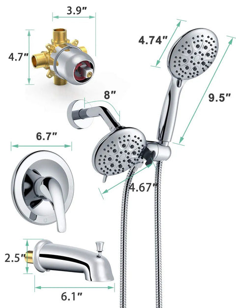 Brushed Gold 3 Way Shower Faucet Set With Handheld Shower Head And Fixed Shower Head Single Handle Tub Trim Kit dimensions.