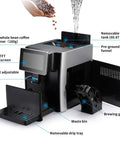 Super Automatic Espresso Maker Bean To Cup Coffee Machine One Touch Milk Frother Single Button Brew showing water tank and touch screen.