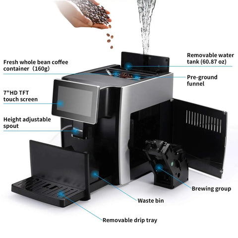 Super Automatic Espresso Maker Bean To Cup Coffee Machine One Touch Milk Frother Single Button Brew showing water tank and touch screen.