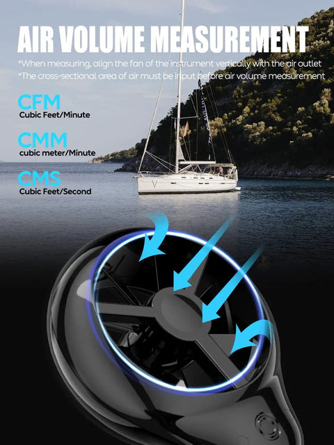 Handheld Wind Speed Meter With Sensor For Wind Velocity In Meters Per Second, Kilometers Per Hour, Miles Per Hour, Knots And Feet Per Minute, Also Tracks CFM Air Flow, Wind Temp And Humidity, Big Backlit Display For Outdoor Work And HVAC DIY with sailboat in background.