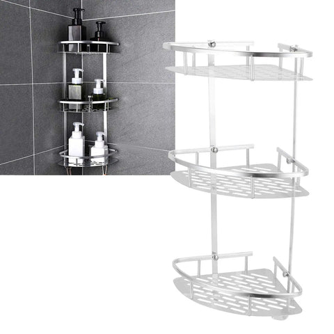 Three Tier Corner Shower Shelf Wall Mount Organizer With Drainage Design Aluminum Rack For Shower Toilet And Kitchen Hollow Carved Base Drains Fast Includes Hardware Kit, silver corner view