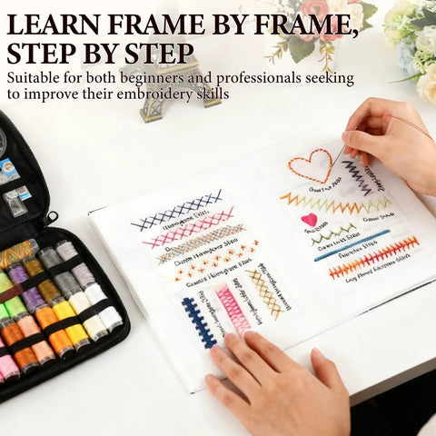 Person using Embroidery Stitch Book Kit With 106 Patterns, Complete Toolkit And Step By Step Tutorial For Beginners And Embroidery Enthusiasts.