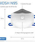 N95 Masks For Adults NIOSH Approved 20 Pack Valved Particulate Respirator With Comfort Plus Seal front view with dimensions
