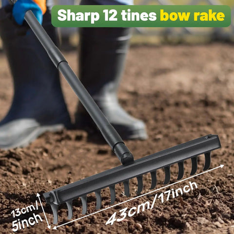 Close-up of 60 Inch Bow Rake with 12 Tines Metal Head and Adjustable Handle used for Lawn Care and Soil Prep on large yard.