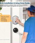 Man installing Fingerprint Door Lock With Keyless Entry And Code Smart Deadbolt With Voice Guided Backlit Keypad For Front Door Auto Lock Anti Peeping Password Easy Install Supports 250 Access Codes And 50 Fingerprints Silver Finish