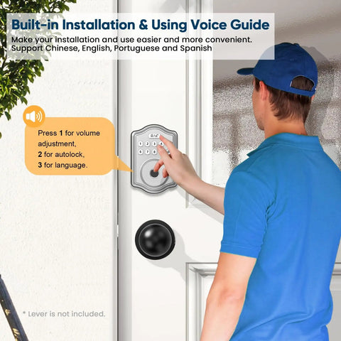 Man installing Fingerprint Door Lock With Keyless Entry And Code Smart Deadbolt With Voice Guided Backlit Keypad For Front Door Auto Lock Anti Peeping Password Easy Install Supports 250 Access Codes And 50 Fingerprints Silver Finish