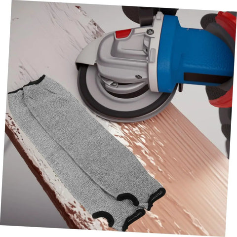 Tough As Nails Cut Resistant Arm Sleeves With Thumb Hole Grip breathable mesh, gray color, shown with a power tool on wood surface.