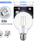 Dimmable LED Edison Bulb G25 Globe Clear Glass 40W Equivalent 2700K Soft White E26 Base ETL Listed Christmas Lighting dimensions