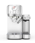 Straight Fire Automatic Espresso Machine With Super Fast Heating And Adjustable Milk Frother For Barista Level Cappuccinos And Rich Lattes At Home, silver stainless steel design.