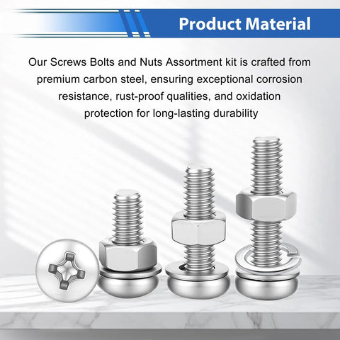 Heavy Duty 2236 Piece Metric Screw Assortment Kit With Hex Nuts And Flat Washers Hella Solid Carbon Steel Fasteners displayed on marble.