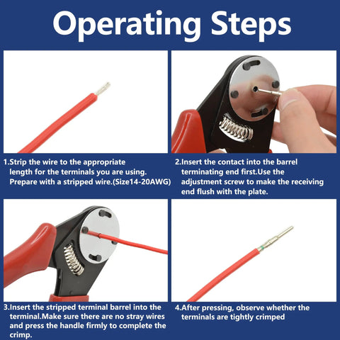 Operating steps for 416 Piece DT Connector Kit with Crimping Pliers and Removal Tool, IP67 gray housing, 14-20 AWG wiring