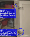 Rock Solid 135 Degree Kitchen Cabinet Hinges For Corner Cabinets With No Hassle Overlay Mount Hardware showcasing two concealed hinges on a cabinet.