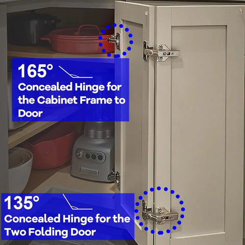 Rock Solid 135 Degree Kitchen Cabinet Hinges For Corner Cabinets With No Hassle Overlay Mount Hardware showcasing two concealed hinges on a cabinet.