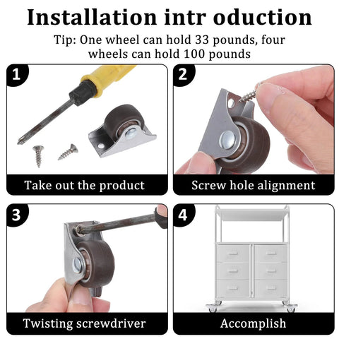 Installation steps for 12 Pieces Fixed Caster Wheels Set With One Inch Diameter Caster Wheels And Metal Top TPE Rubber Low Profile Rollers For Furniture Rolling Cabinets Trundle Beds And Drawers With Screws For Easy Installation.