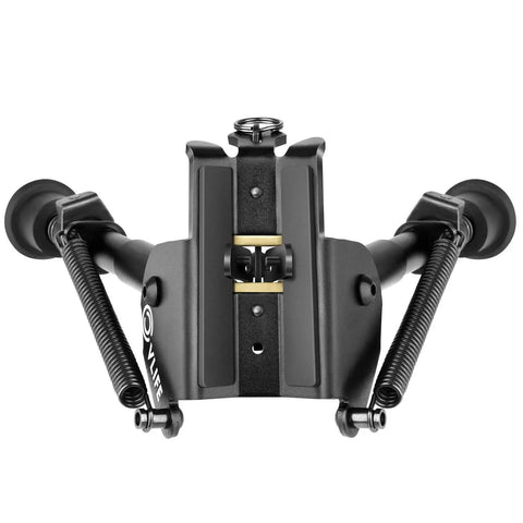 Front view of 6 to 9 inch adjustable rifle bipod for outdoor use, heavy duty steel and aluminum build with quick deploy legs.