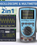 2 In 1 Oscilloscope Multimeter With 2.4 Inch Color Screen 1 MHz Bandwidth 2.5 Msps Sampling Rate For Quick Signal Capture For DIYers Auto And Manual Waveform Modes Clear Readouts For Easy Tinkering, displaying waveform and voltage readings.