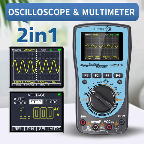 2 In 1 Oscilloscope Multimeter With 2.4 Inch Color Screen 1 MHz Bandwidth 2.5 Msps Sampling Rate For Quick Signal Capture For DIYers Auto And Manual Waveform Modes Clear Readouts For Easy Tinkering, displaying waveform and voltage readings.