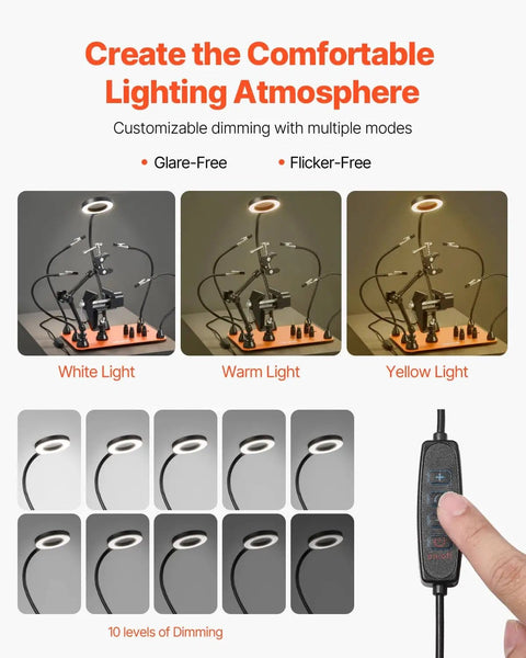 Magnetic Helping Hands Soldering Station with different light settings and remote control for precise electronics repair and DIY.