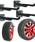 Heavy Duty Garage Wall Hooks Set, 12.4 Inch Steel Tool Hanger Rack With Non Slip Rubber Coated Hooks, 4 Pack Includes Screws And Anchors, Industrial Grade Storage For Tools And Gear, Holds Up To 50 Lbs, Black mounted on wall with tire hanging.