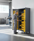 Beefy Industrial Steel Locker Cabinet With Recessed Doors And Locking Hardware For Workshop And Garage Built To Last Storage Solution With Pegboard Organization System And Extra Heavy Duty Construction, open gray steel cabinet with yellow bins