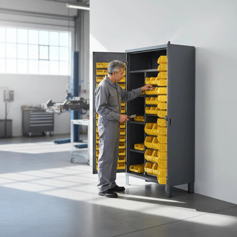 Beefy Industrial Steel Locker Cabinet With Recessed Doors And Locking Hardware For Workshop And Garage Built To Last Storage Solution With Pegboard Organization System And Extra Heavy Duty Construction, open gray steel cabinet with yellow bins