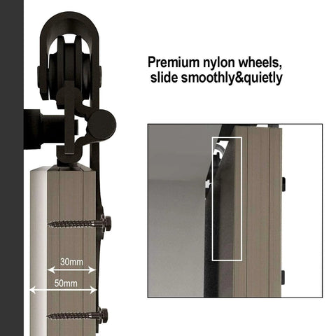 Close-up of 11 Ft Sliding Barn Door Hardware Track Kit with Floor Guide showing nylon wheels for smooth and quiet operation.