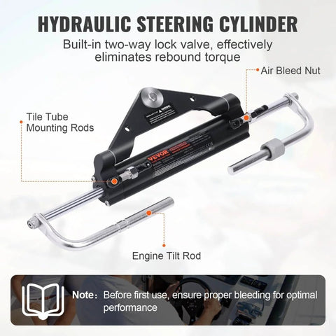 Beefed Up Hydraulic Outboard Steering Kit For Boats 150HP With Built In Two Way Lock Cylinder Includes Pump And Two 20 Ft High Strength Nylon Hoses For Single Station Single Engine Marine System displayed.